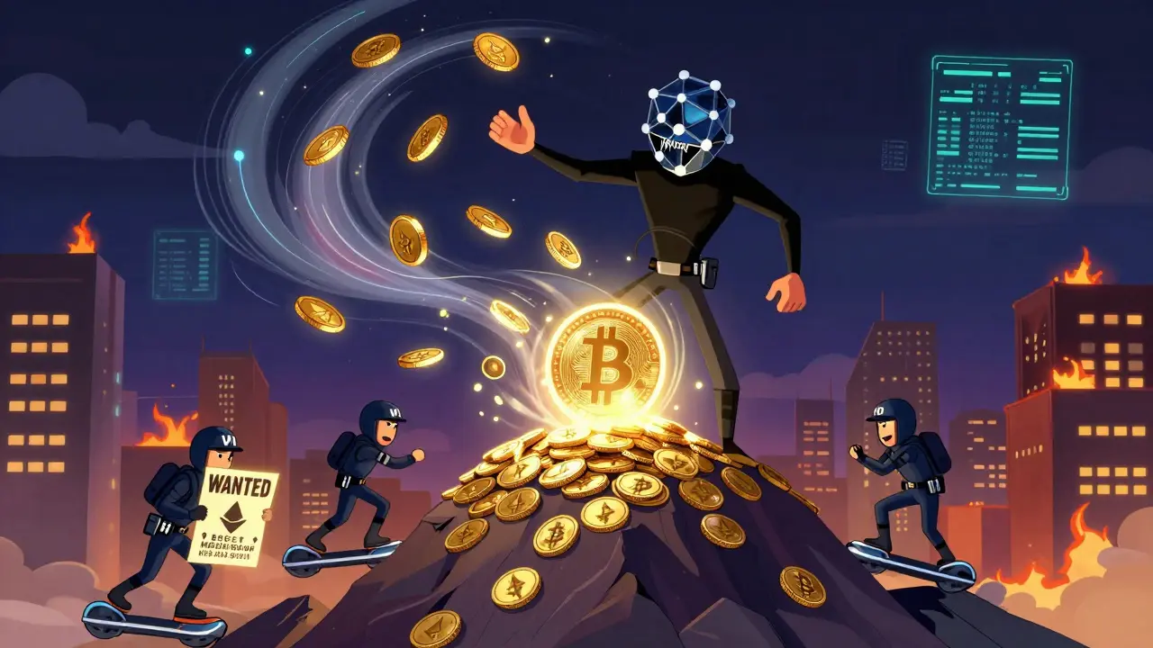 A masked hacker named TraderTraitor transforms Ethereum into Bitcoin atop a mountain of crypto, pursued by FBI agents.