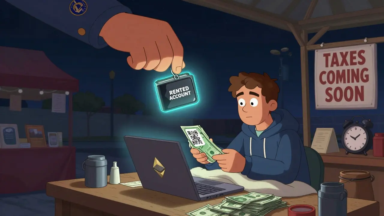 A trader exchanges cash for crypto at night as a government hand freezes a flagged wallet above.