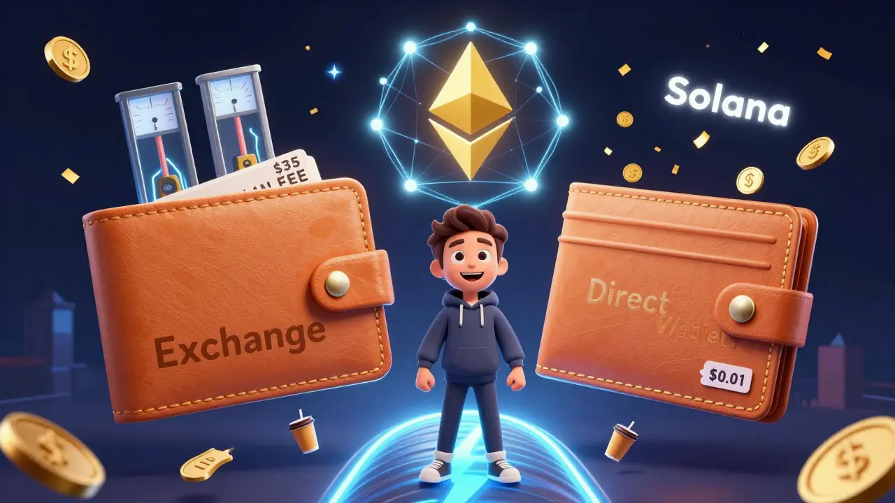 A user comparing high exchange fees to low direct wallet fees with Lightning Network shortcuts below.