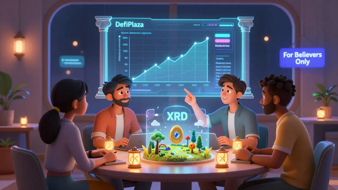 Advanced DeFi users gather around a holographic CALM algorithm chart, holding NFT liquidity tokens, as a modern DefiPlaza interface glows with Greek-inspired design.