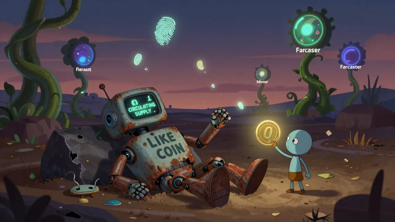 An abandoned LikeCoin robot lies in a digital wasteland as new projects grow in the distance, a child holds a token toward the light.