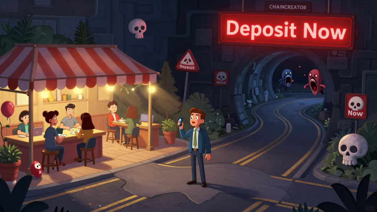 An investor at a fork in the road, one path safe and bright, the other dark and misleading with scam signs.