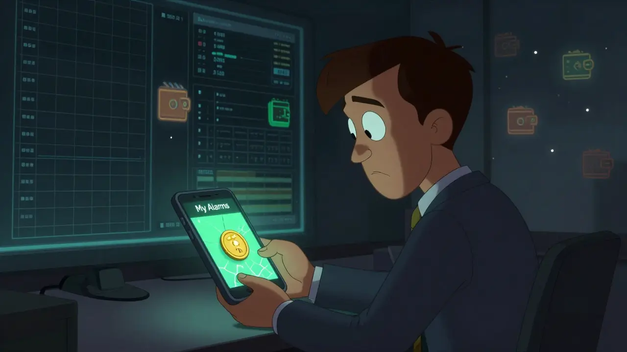 An investor gazes at a flickering GEMS token on a phone, surrounded by empty trading charts.