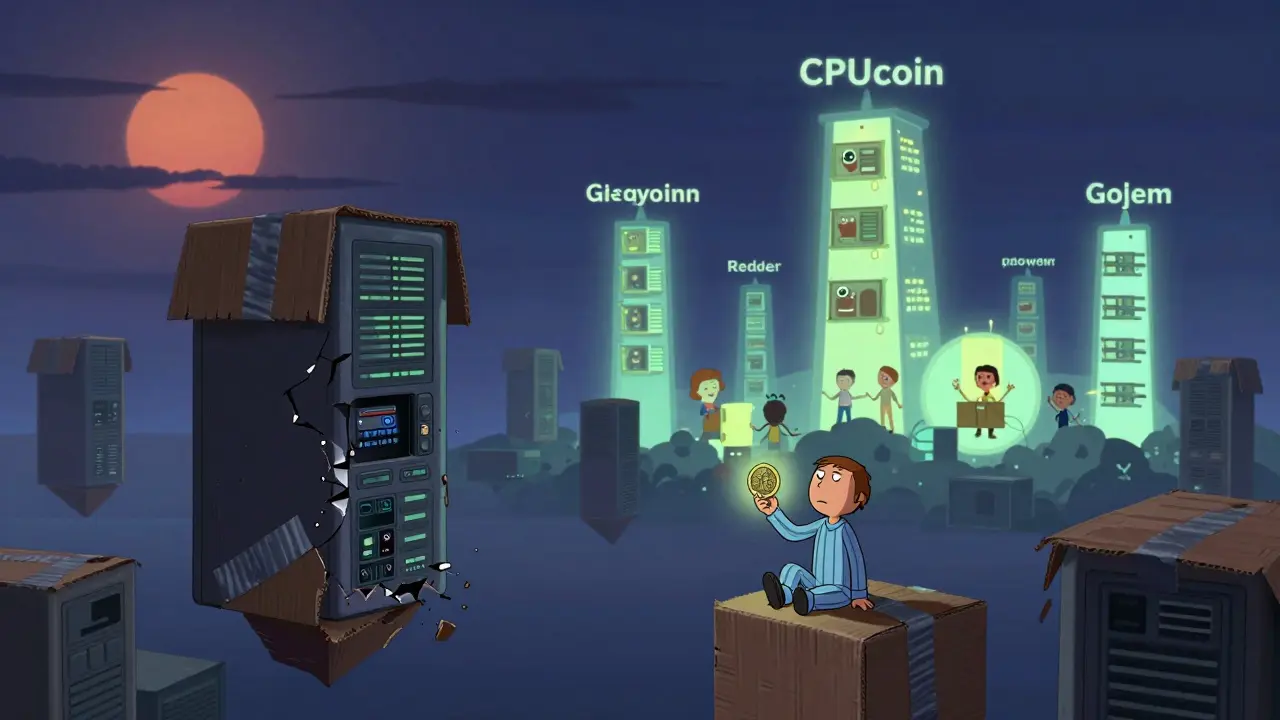 Broken data centers float in a void while real networks shine brightly in the distance, with a lonely user holding a single CPUcoin token.
