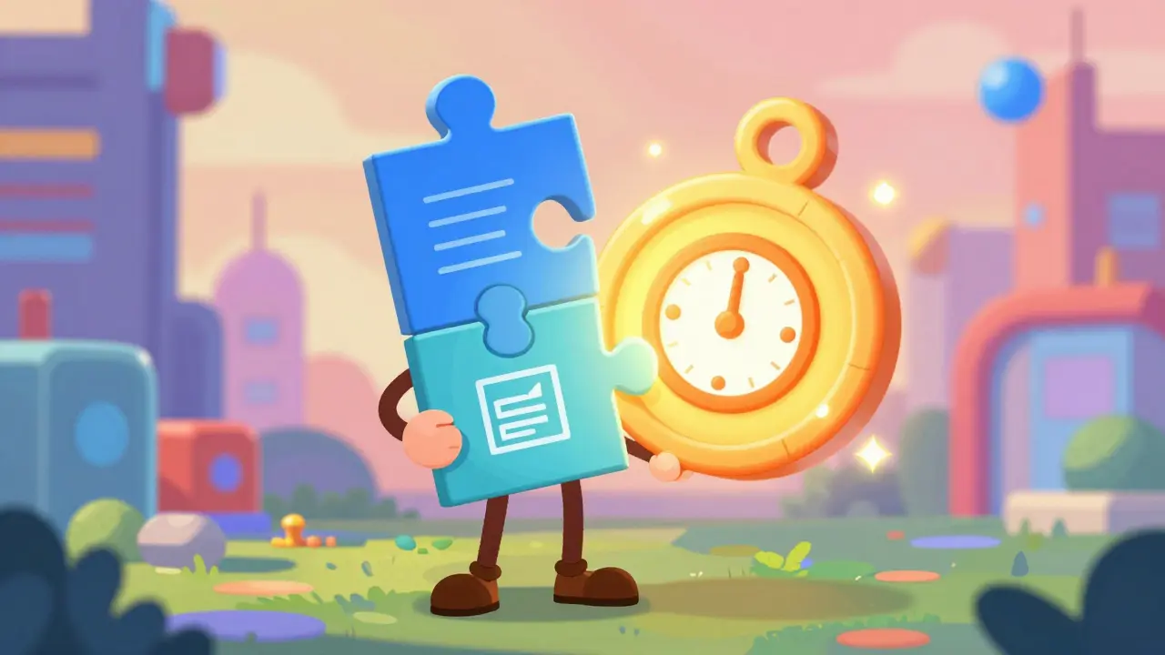 Character assembling puzzle pieces into a glowing token in a futuristic blockchain landscape.