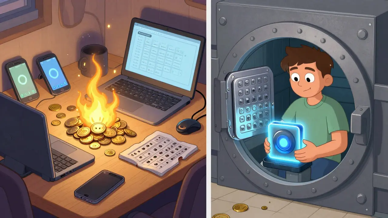 Contrasting chaotic hot wallet setup with calm, secure cold wallet storage in a vault.