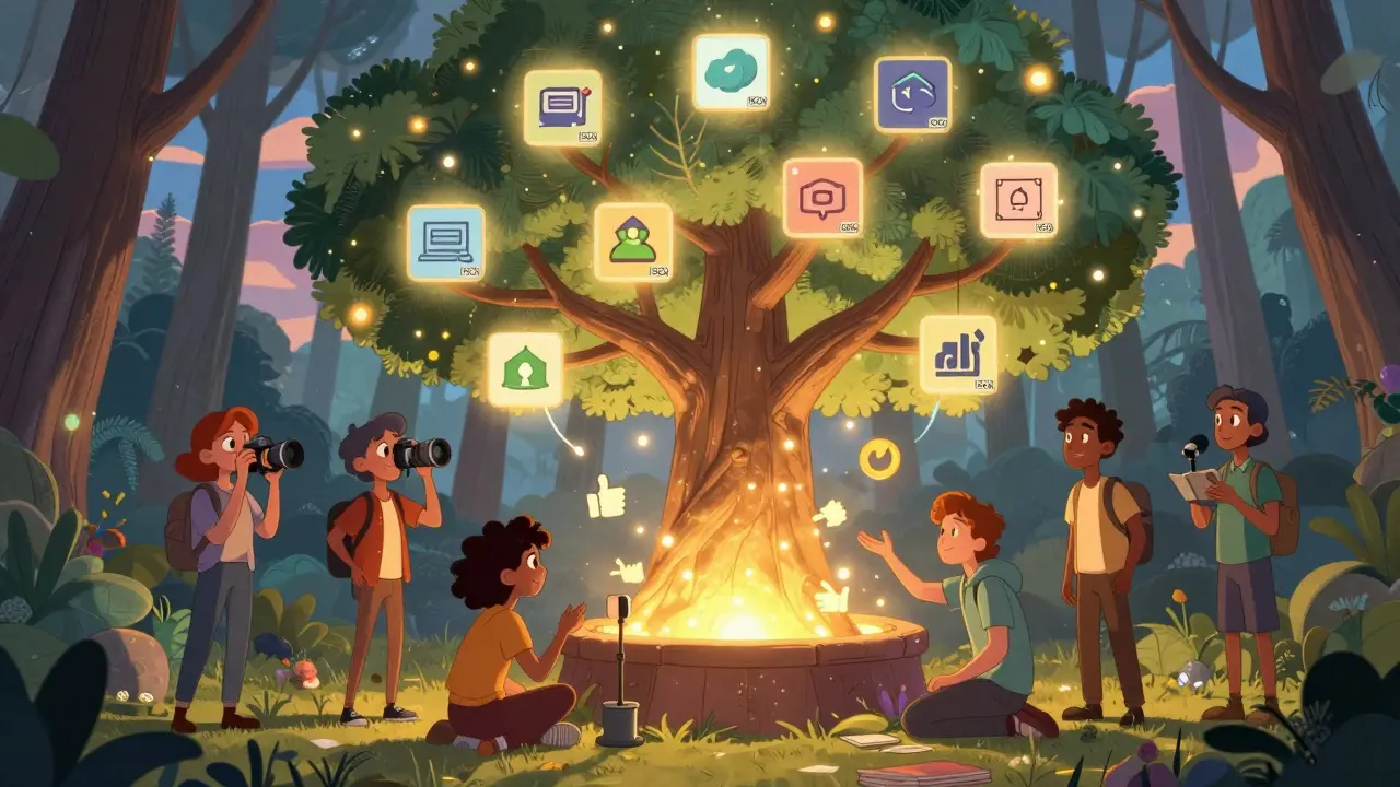 Diverse creators gather around a glowing blockchain tree, receiving tips from readers as LIKE tokens nourish it.