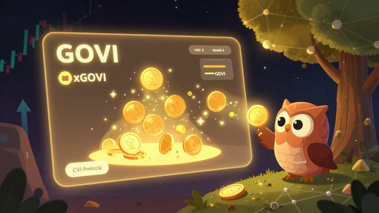 GOVI tokens transforming into sparkling xGOVI receipt tokens that auto-compound like fireflies.