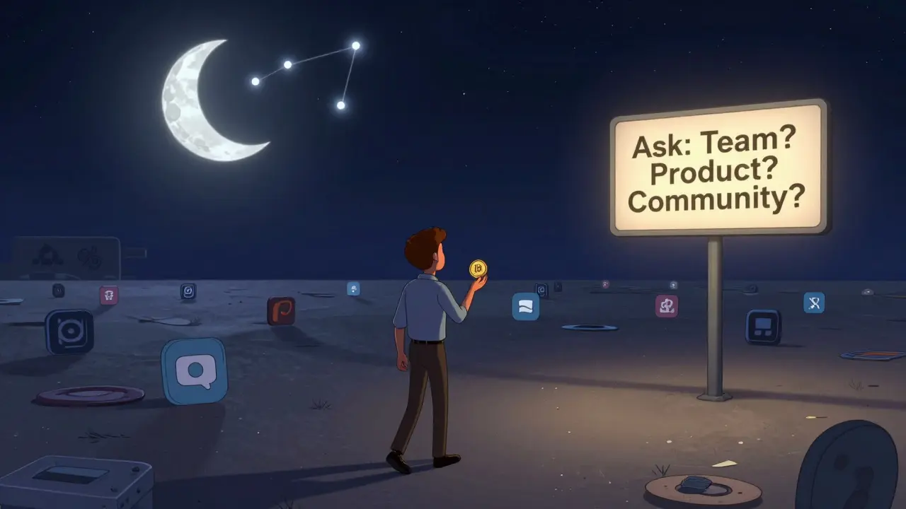 Lone investor walks away from ghost tokens in a digital wasteland under a moon constellation