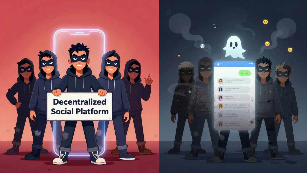 Split scene: team promoting a fake app vs. the same app abandoned and dusty