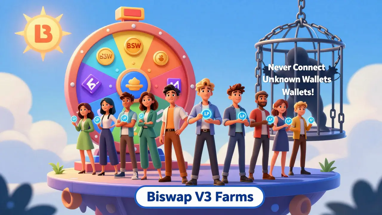 Users celebrating on a floating farm platform with a spinning prize wheel, while a scammer is locked in a cage.