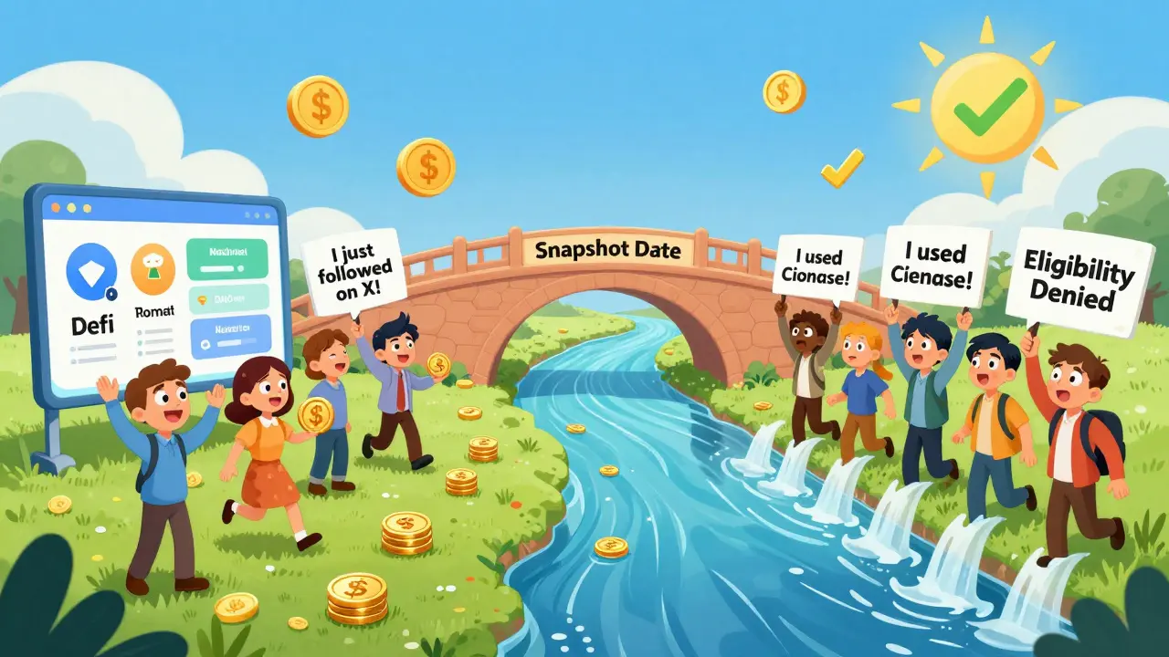 Users on one side of a blockchain bridge qualify for airdrops by active participation, while others are swept away for only following on social media.