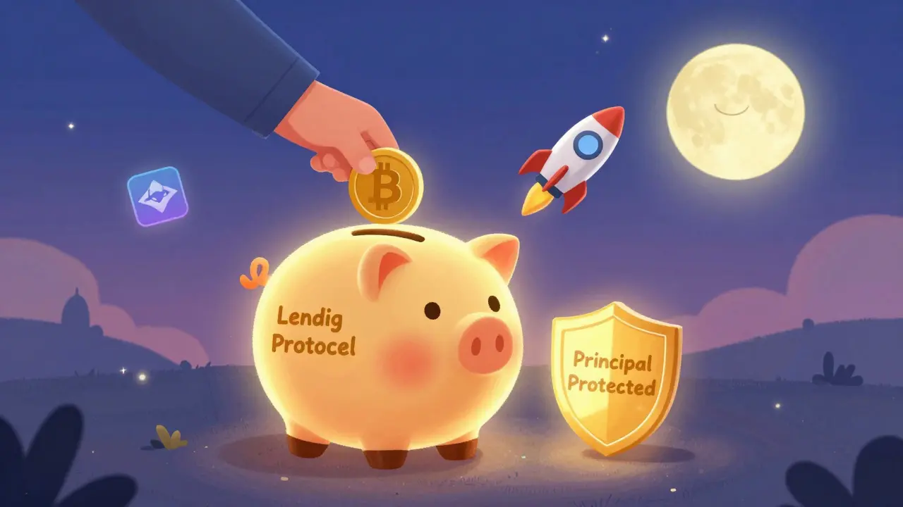 A Bitcoin coin is deposited into a golden piggy bank that launches a rocket toward the moon, with a 'Principal Protected' shield below.