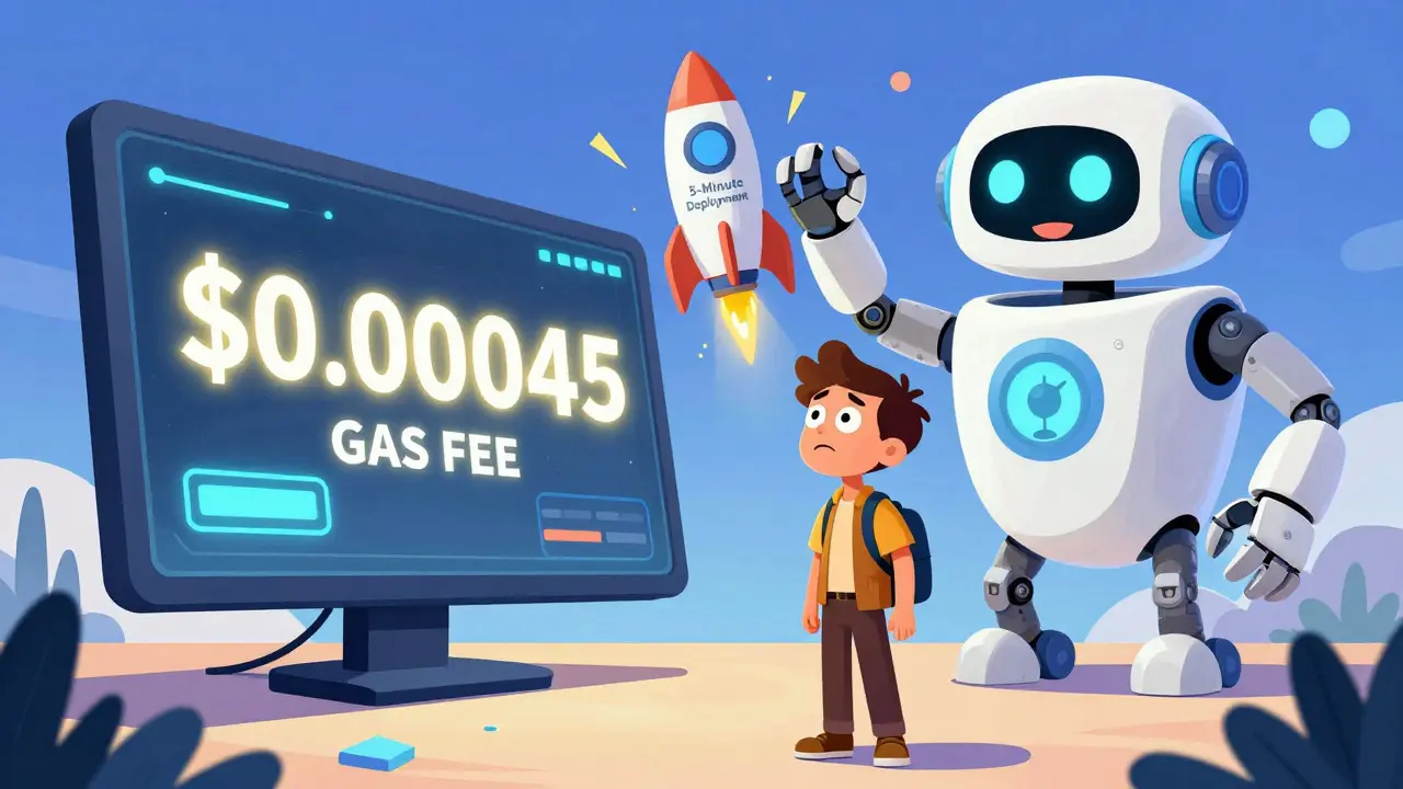 A confused casual trader beside a cheerful developer launching a token on MoonSwap, highlighting the platform's niche use case.