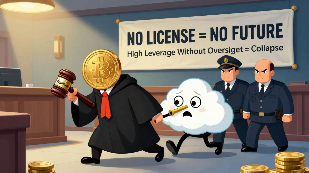 A courtroom where a Bitcoin judge sentences a StormGain mascot, with a banner reading 'NO LICENSE = NO FUTURE'.