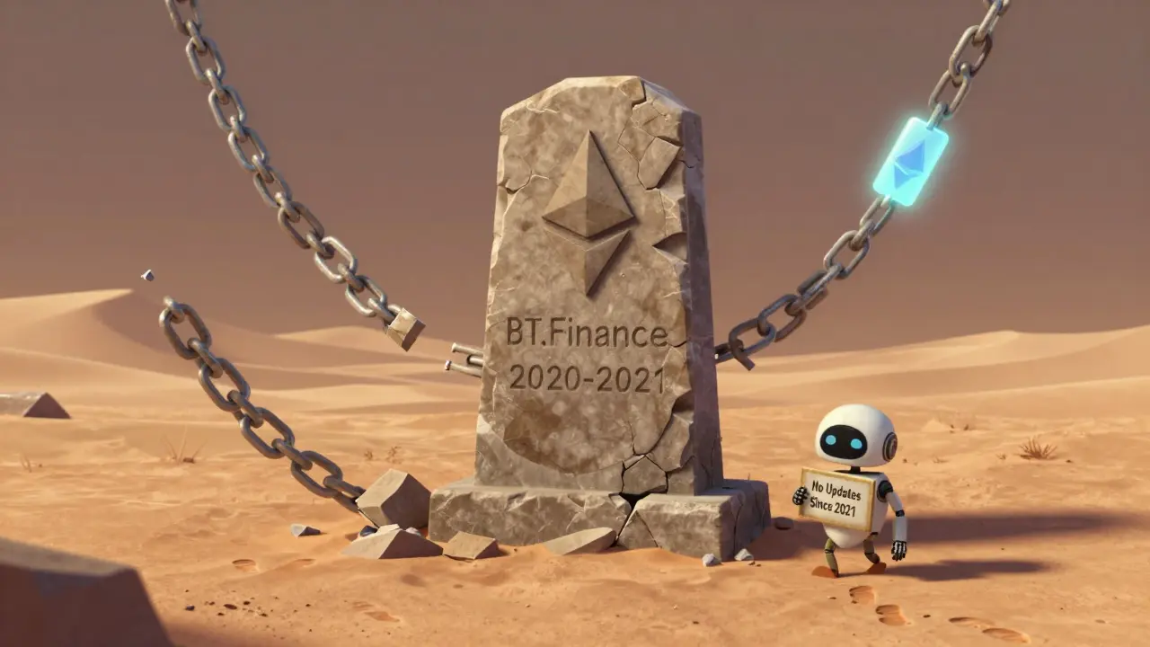 A crumbling BT.Finance monument in a digital desert with broken smart contracts and a tired robot walking away.