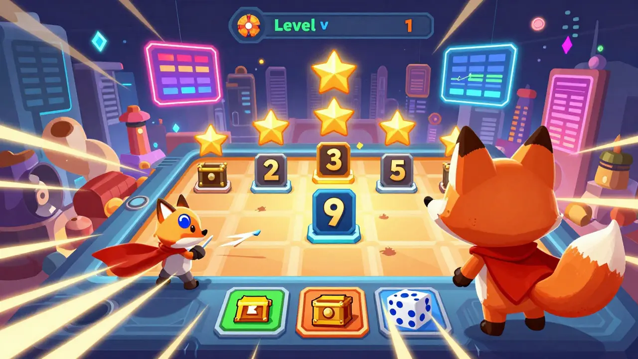 A cute fox NFT character levels up with EXP stars and vault icons, surrounded by dice games and a vibrant blockchain city backdrop.