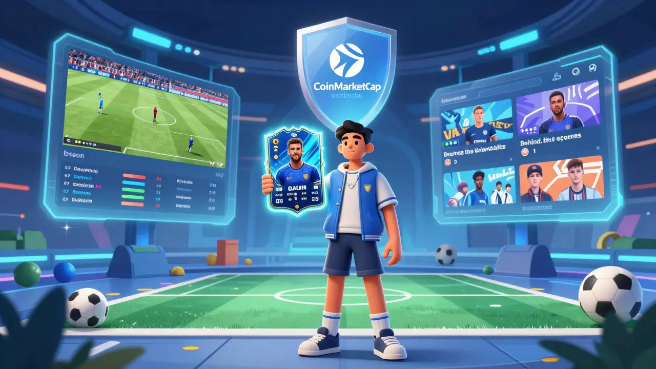 A fan holds a glowing NFT card in a futuristic football metaverse, with holograms of matches and marketplace activity behind them.