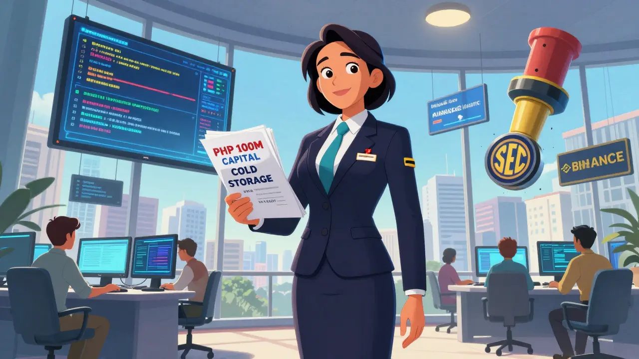 A Filipino compliance officer stands proudly before a bright Manila office with documents and real-time blockchain screens, while banned exchanges fade away.