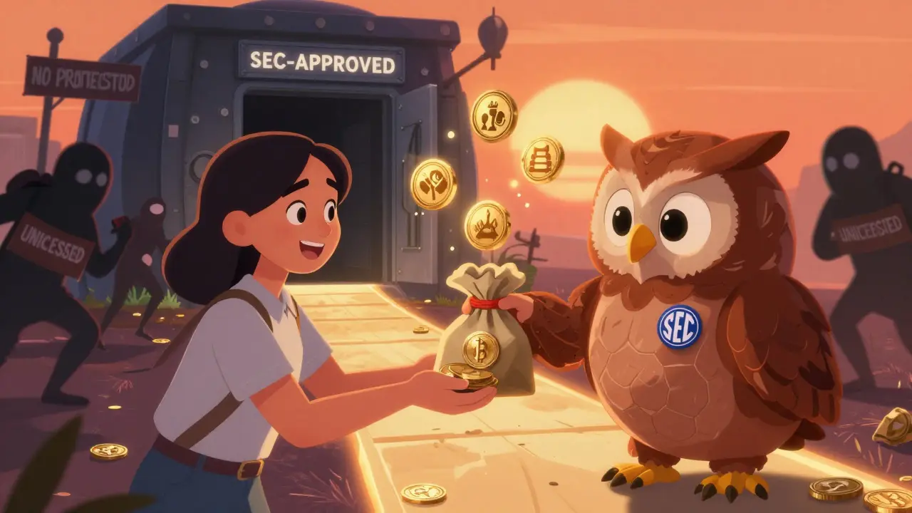 A Filipino user trusts a wise owl mascot of a licensed exchange, as scammers flee into darkness, guided by a glowing path to SEC-approved safety.