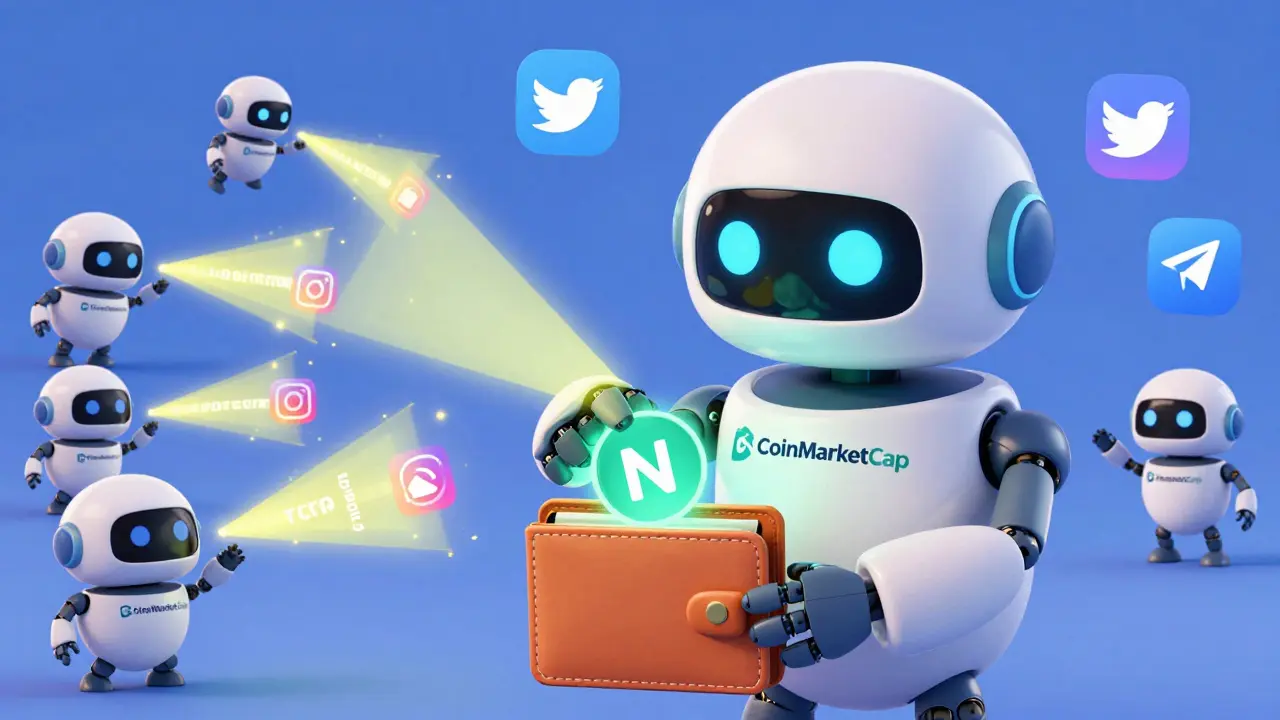 A friendly CoinMarketCap robot places an NFT into a wallet while fake bots are zapped by a scam detector laser.