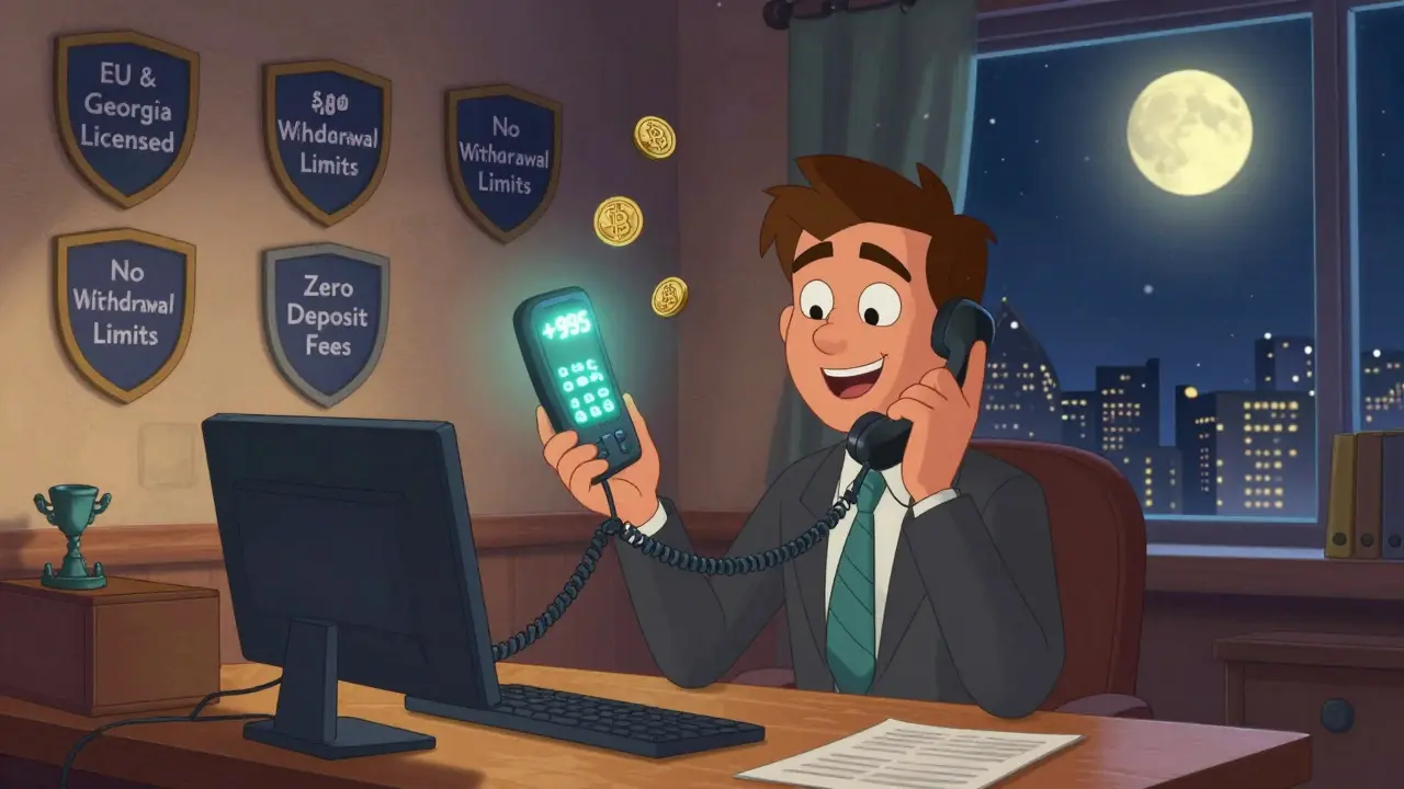 A friendly support agent on the phone at a Georgian crypto desk with licensing shields glowing in the background.