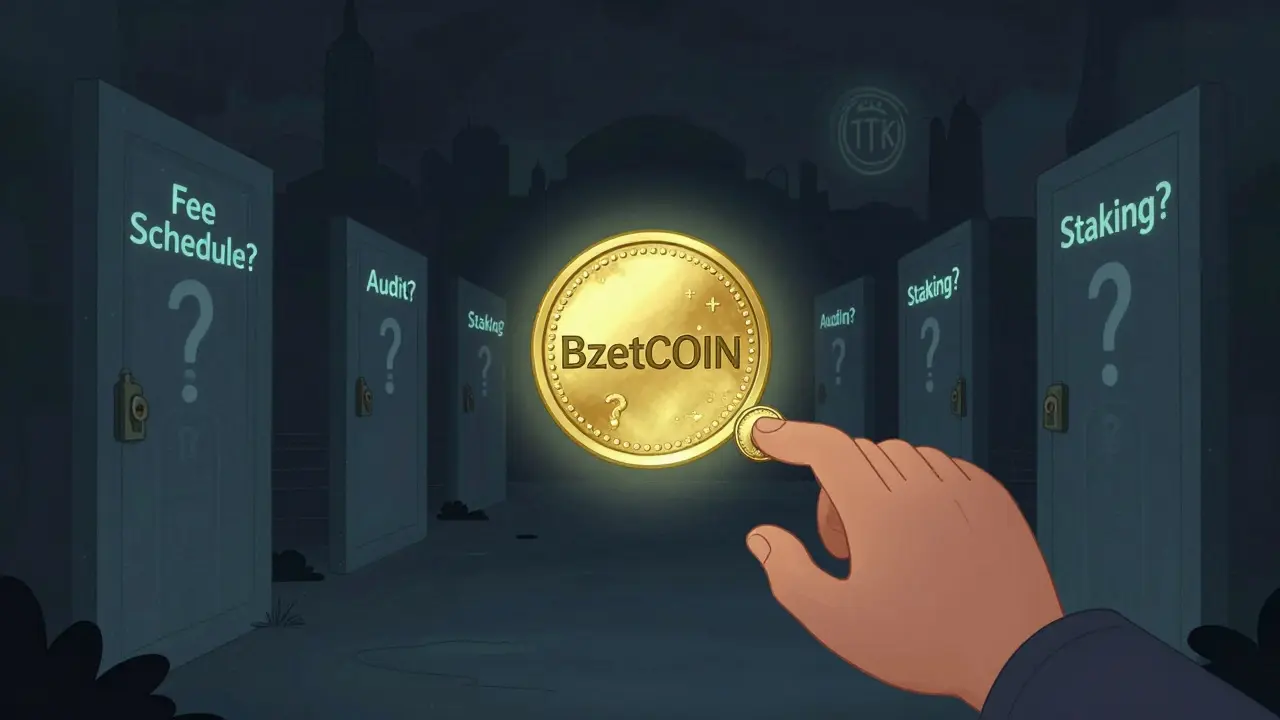 A glowing BzetCOIN token floats alone in darkness, surrounded by question marks and locked doors labeled with missing fees and audits.