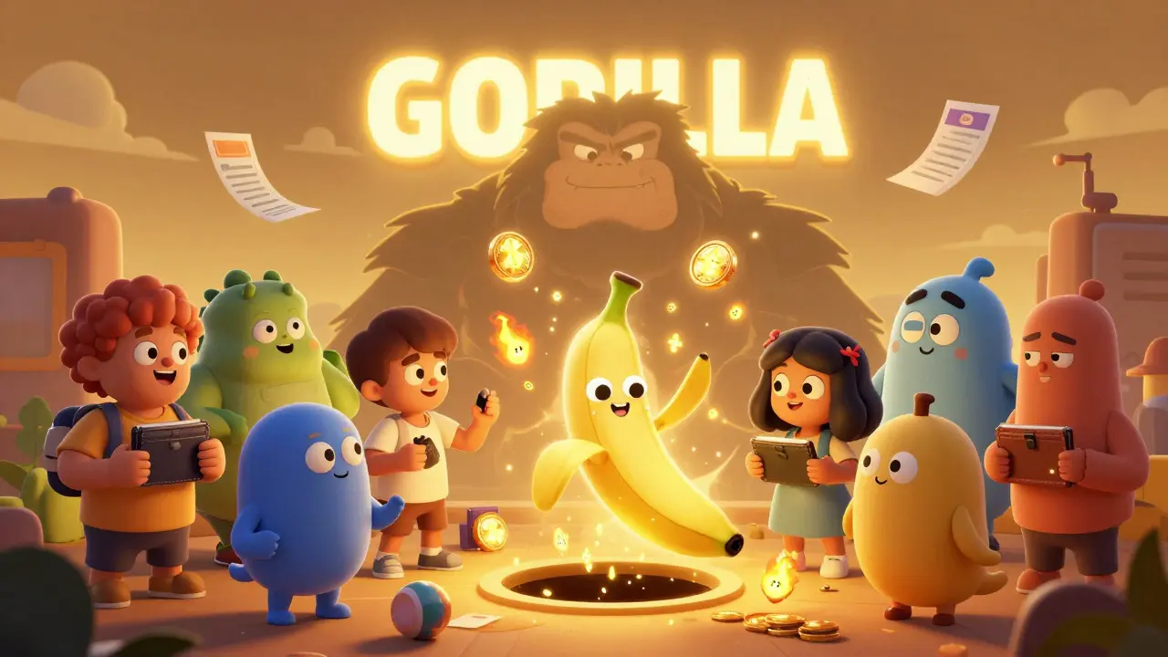 A group of cartoon characters using a banana-shaped swap terminal as burning tokens vanish, with a glowing GORILLA logo above.