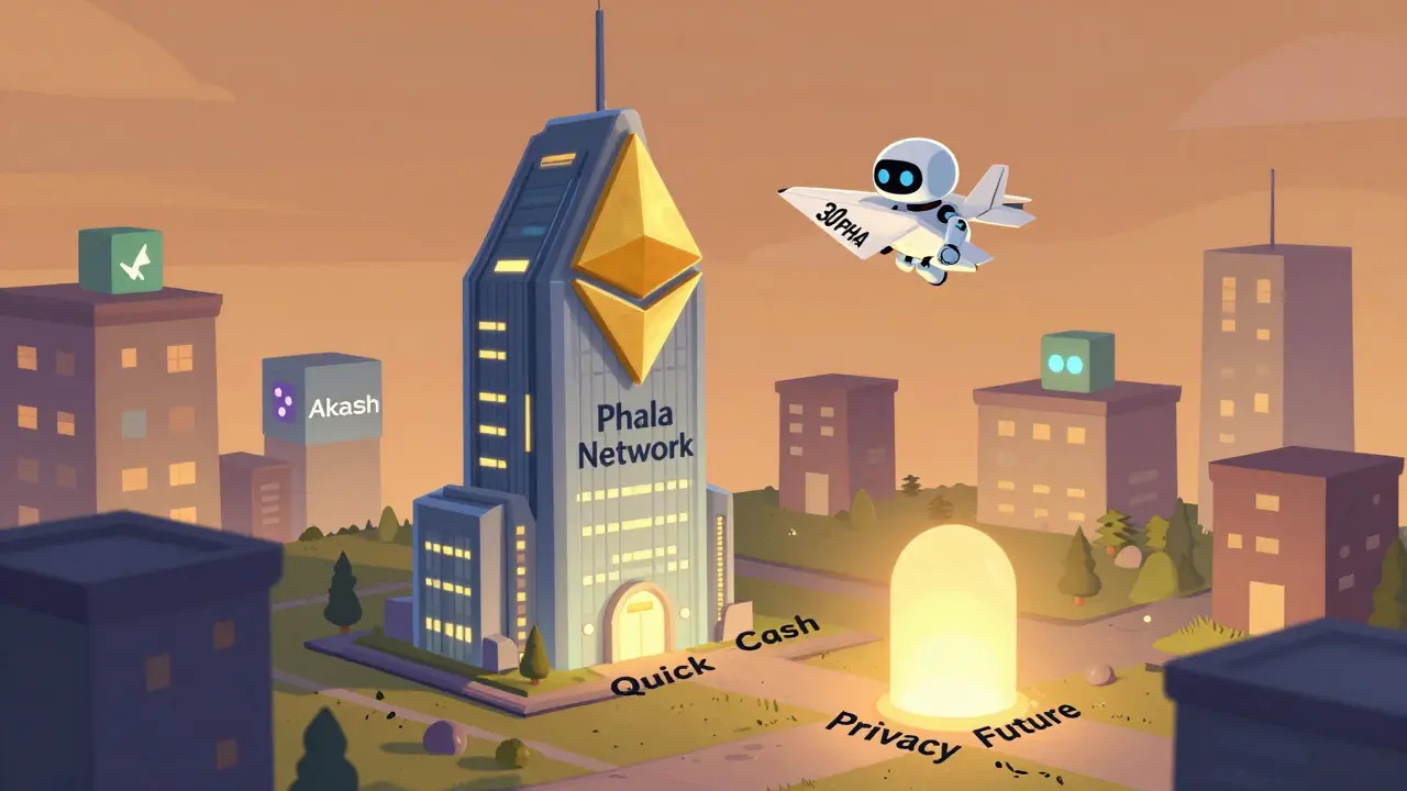 A miner robot flying a PHA token airplane toward an Ethereum tower, path splits to privacy future.