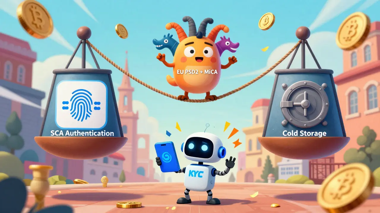 A multi-headed creature balancing EU payment regulations with SCA authentication and cold storage requirements.