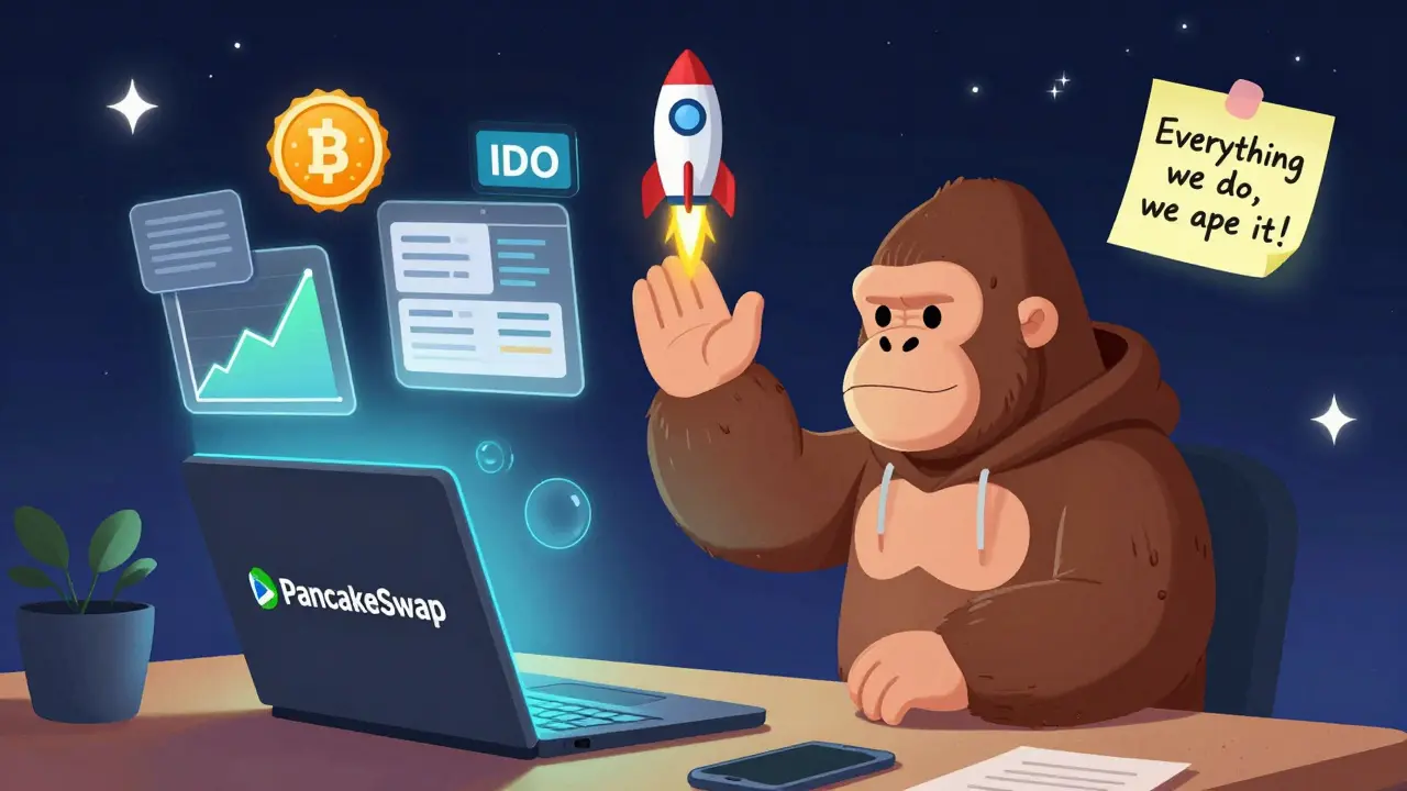 A person staking crypto with a cartoon gorilla mascot nearby, surrounded by charts, NFTs, and a launchpad rocket.