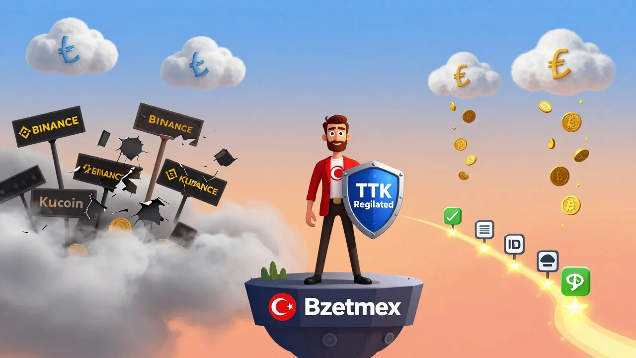 A person stands on Bzetmex platform with regulatory shield, facing clear path forward while chaotic exchanges fade behind.