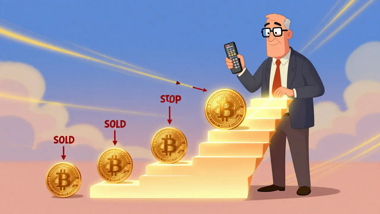 A rising Bitcoin with trailing stops climbing alongside, guided by a calm trader using a volatility remote.