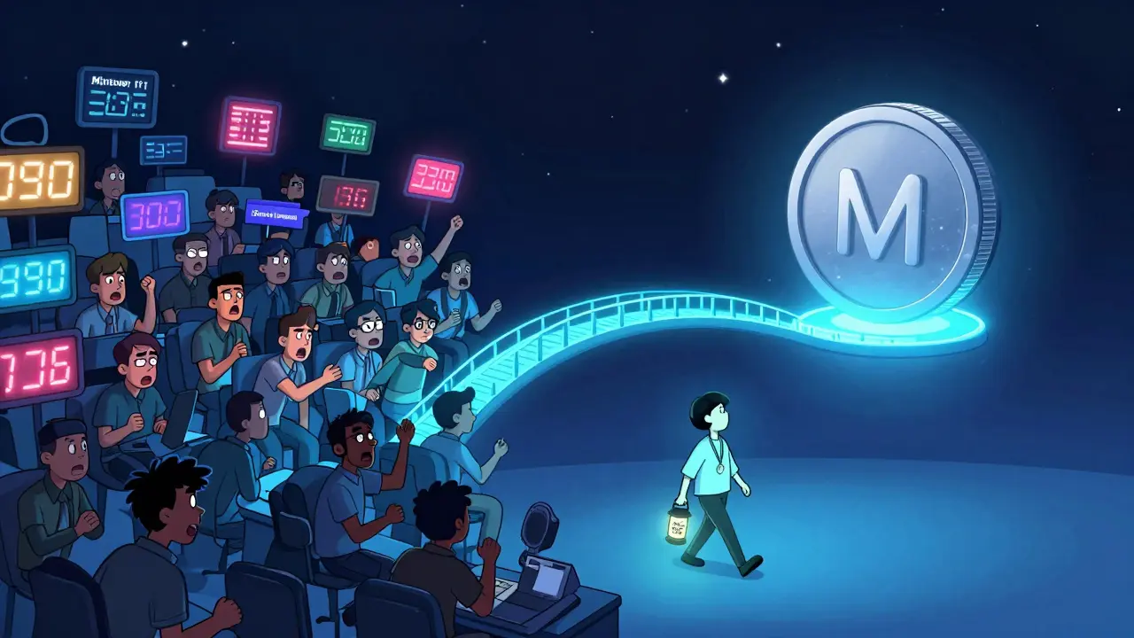 A serene MoonSwap hub connecting 100+ blockchains, contrasting chaotic traditional DEXs with calm, efficient cross-chain trading.