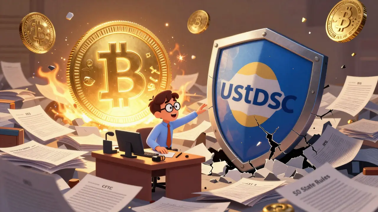 A small business owner overwhelmed by U.S. crypto regulations, with a stablecoin shining safely amid chaos.