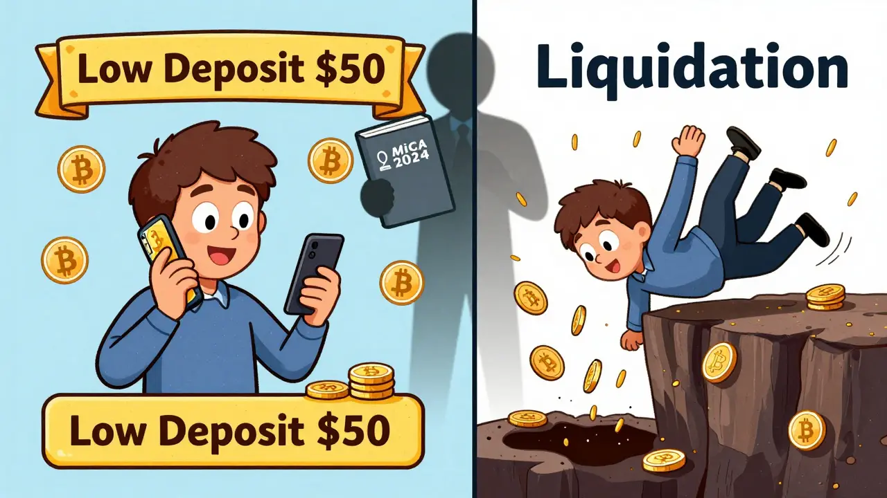 A split scene: a happy trader using a phone with high leverage icons on one side, falling off a cliff labeled 'Liquidation' on the other.
