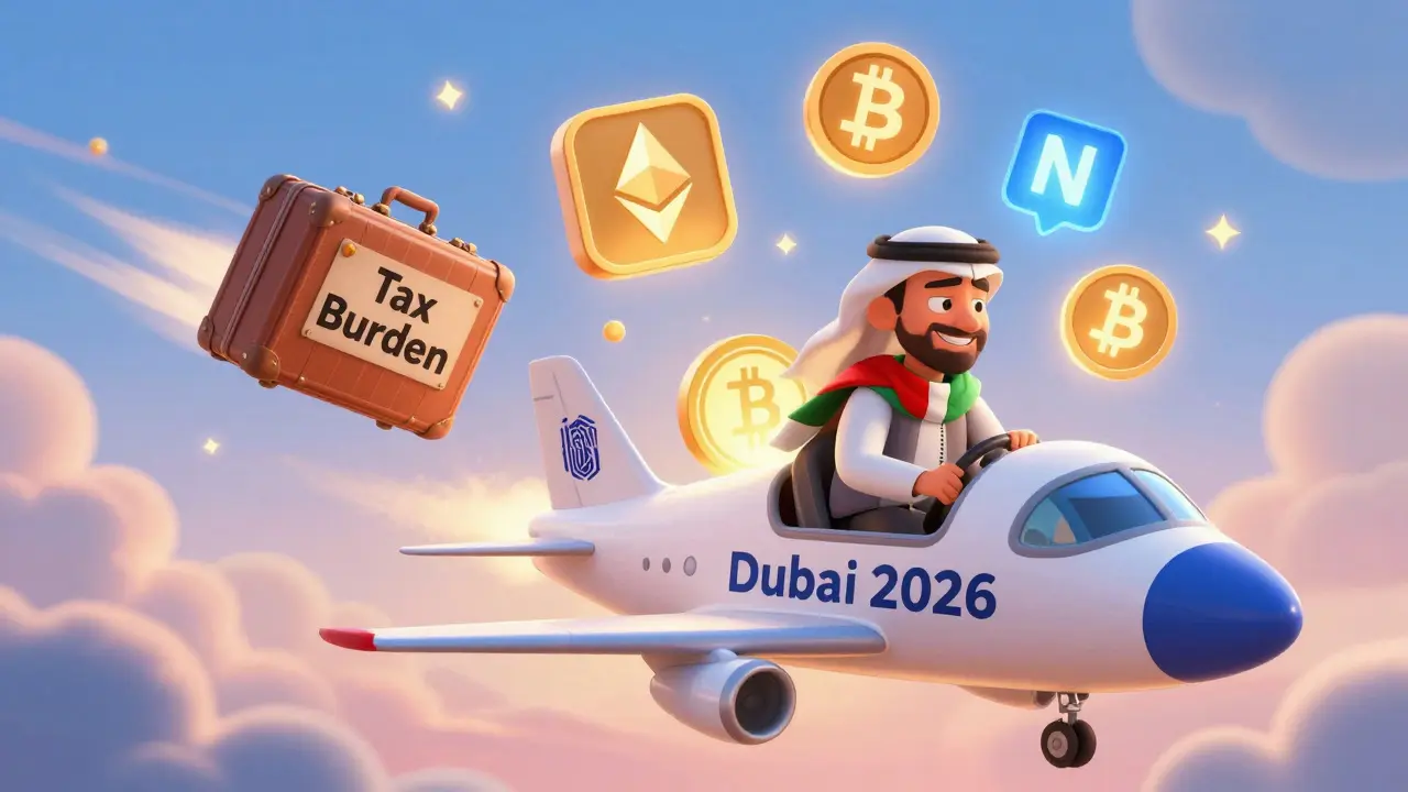 A traveler leaves behind tax stress as he boards a jet to Dubai, with crypto symbols glowing behind him.
