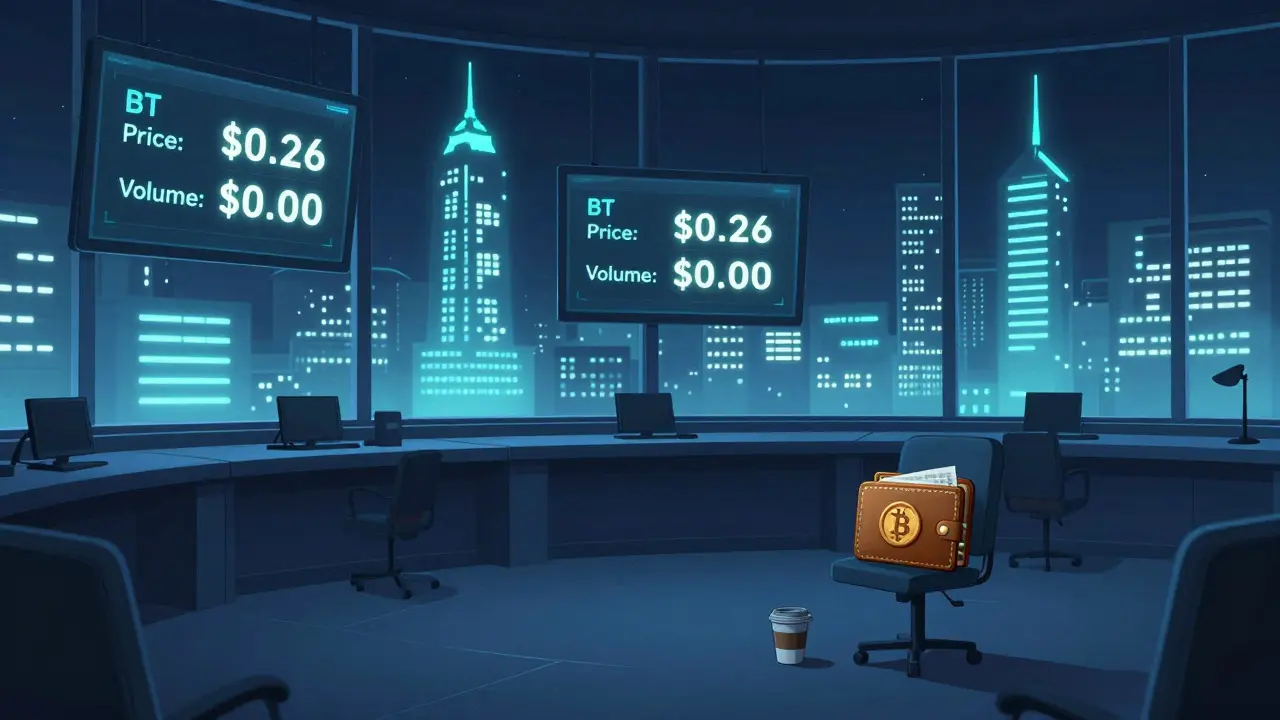 An empty DeFi trading floor with zero volume screens and a lone forgotten wallet beside a cold coffee cup.