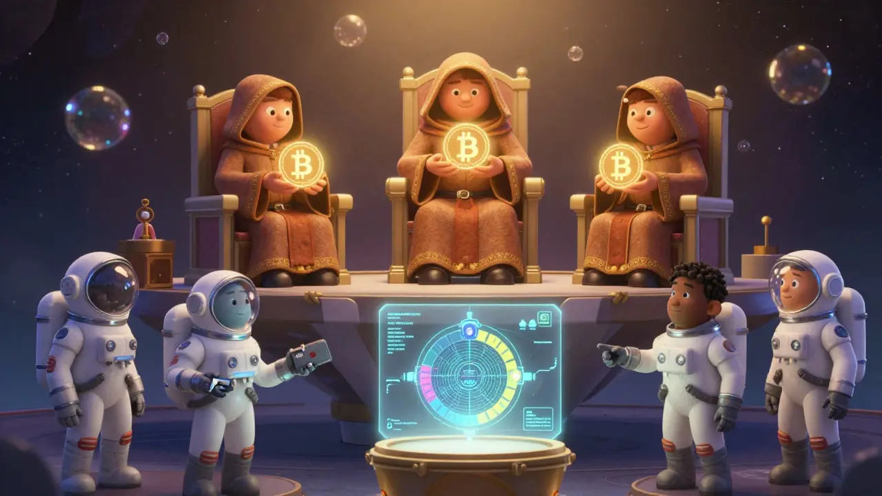 Bitcoin miners awarding ARCH tokens to Archstronauts in a cosmic council hall with roadmap hologram.