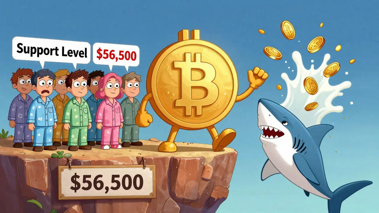 Bitcoin outsmarting traders who set stop-losses at round numbers, with a market shark below.