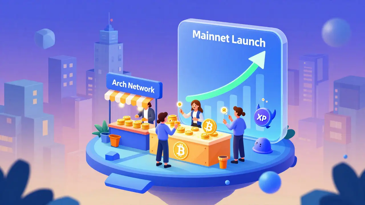 Cartoon users trading testnet Bitcoin on a floating blockchain marketplace with progress bar glowing.