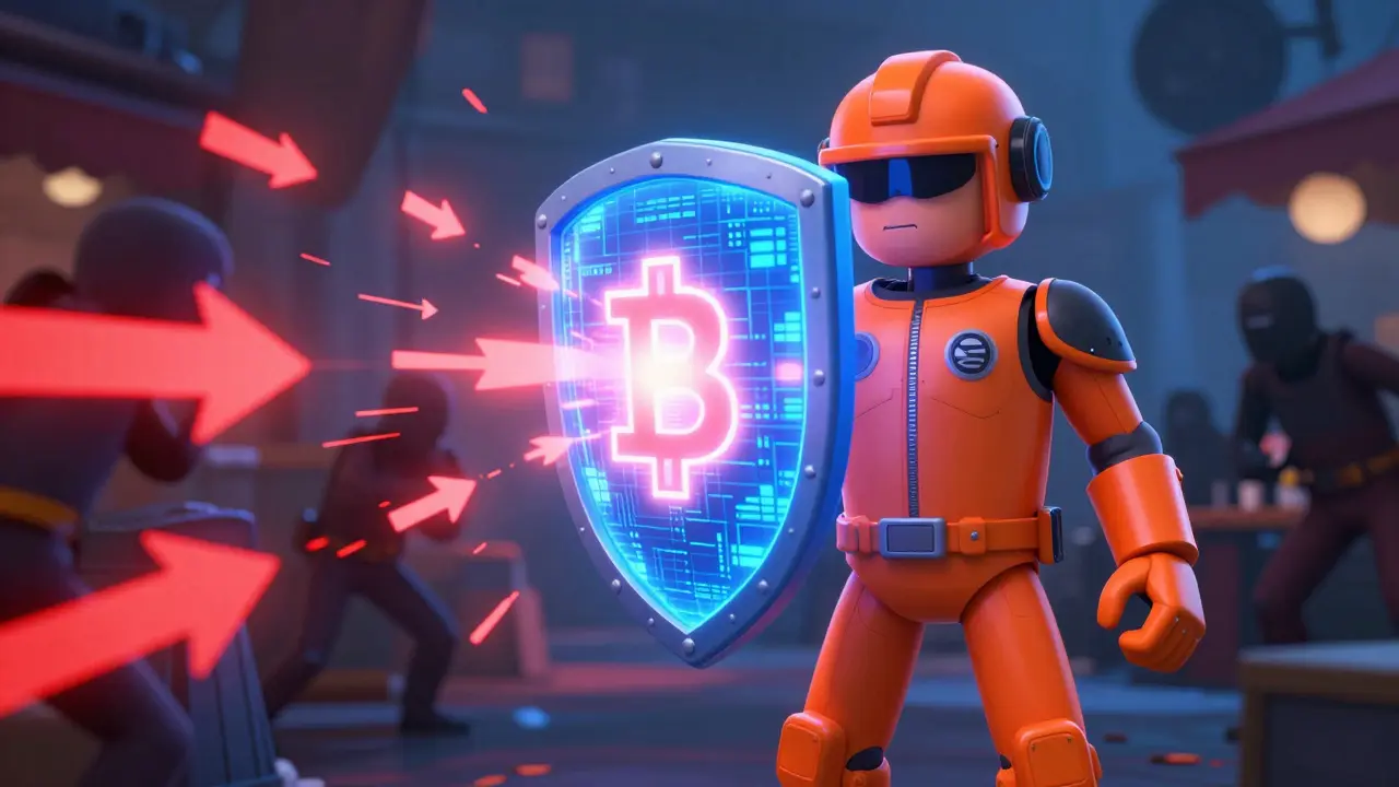 Character holding a digital shield blocking red arrows in a marketplace.
