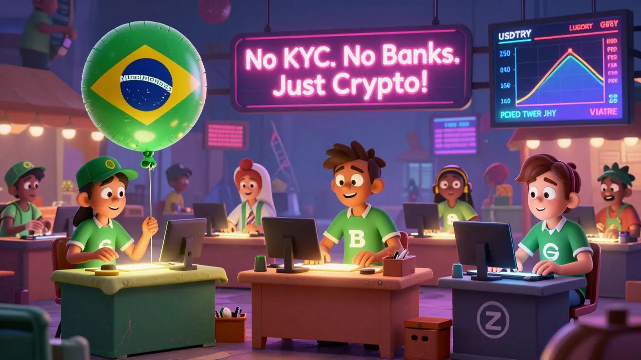 Crypto miners trading FX Perps at a vibrant digital marketplace with USD/BRL and USD/TRY visuals in DreamWorks animation.