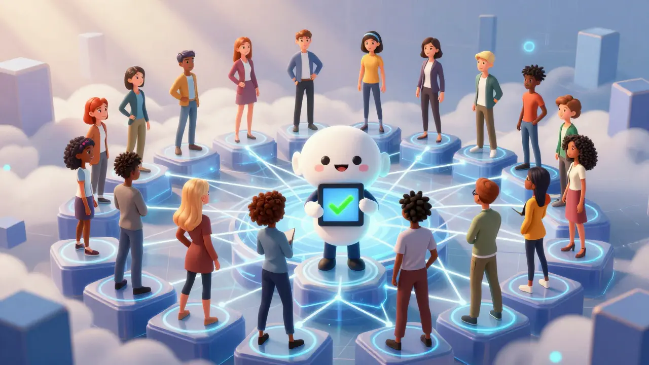 Diverse cartoon users linked by bright neon network lines in a virtual space.