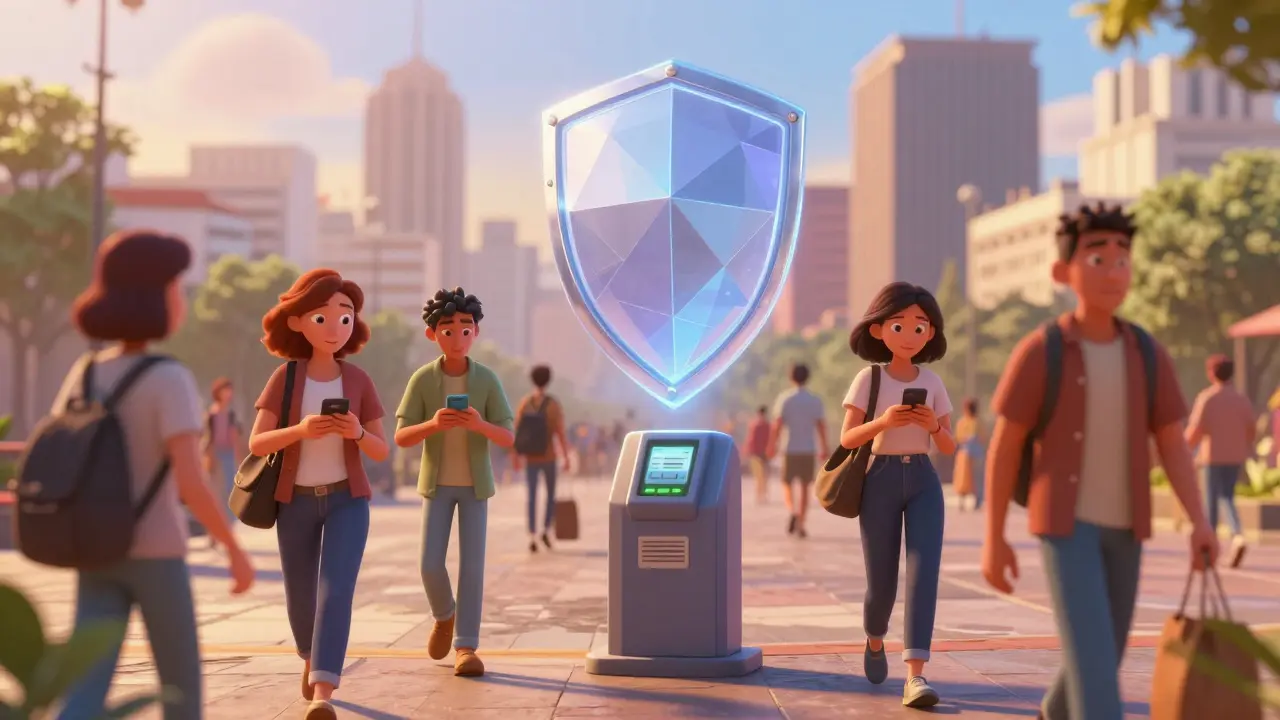 Diverse crowd in plaza using phones under protective shield.