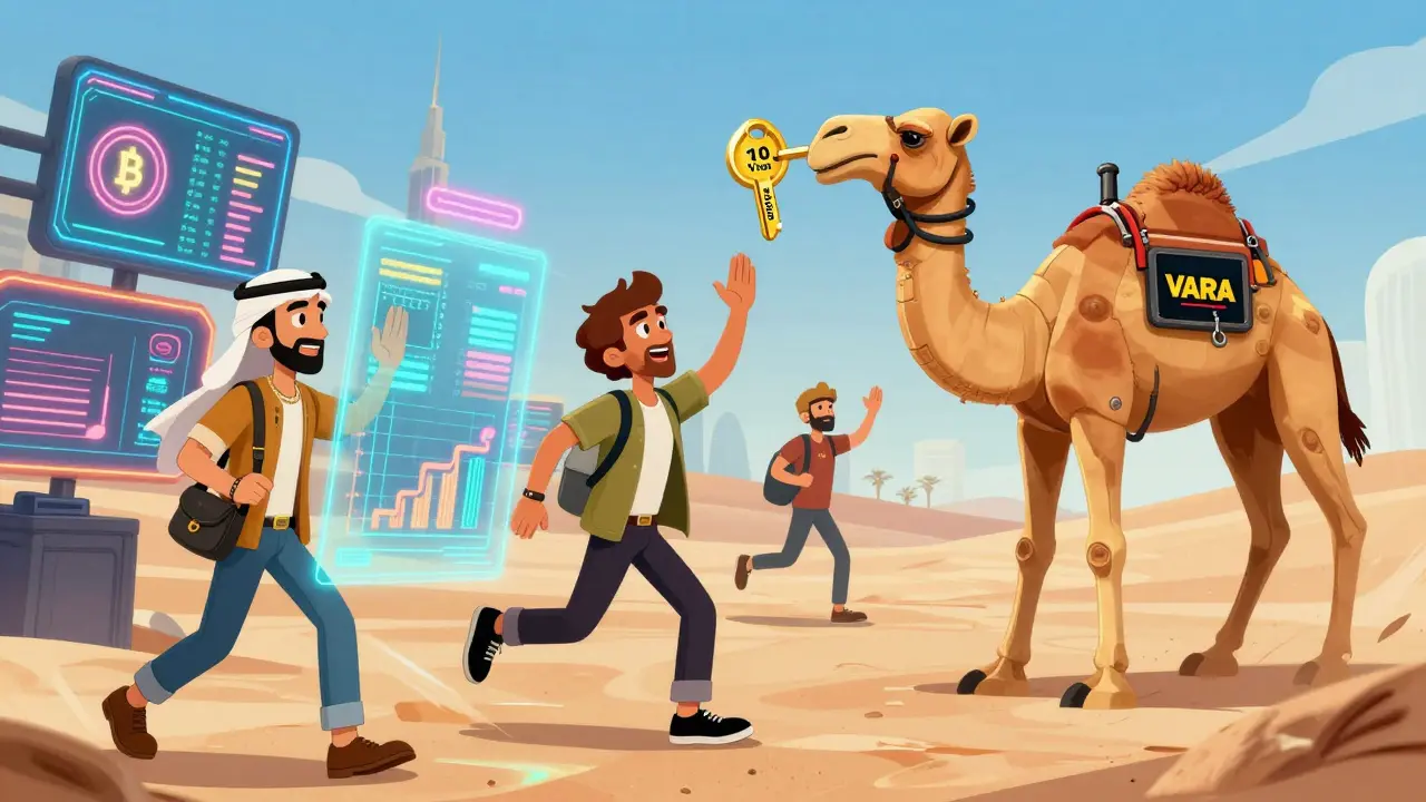 Entrepreneurs in Dubai high-five over holographic crypto charts while a robotic camel delivers a golden visa key.