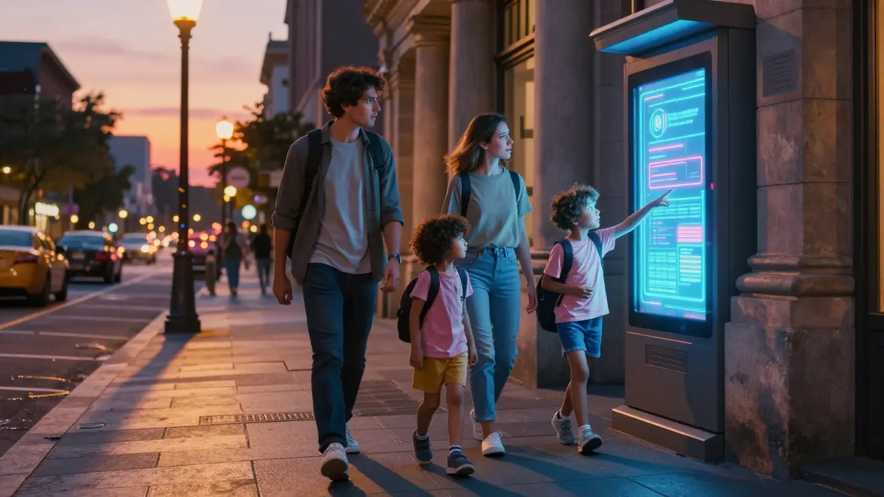 Family deciding between digital kiosk and traditional stone bank