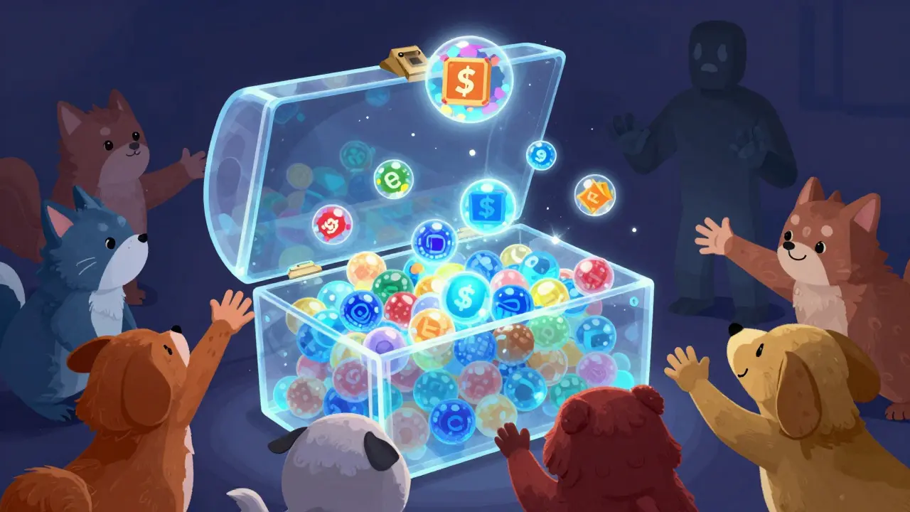 Friendly animated characters receive glowing tokens from an overflowing treasure chest.