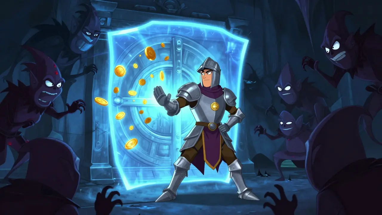 Guardian knight shield protects vault from shadowy tricksters.