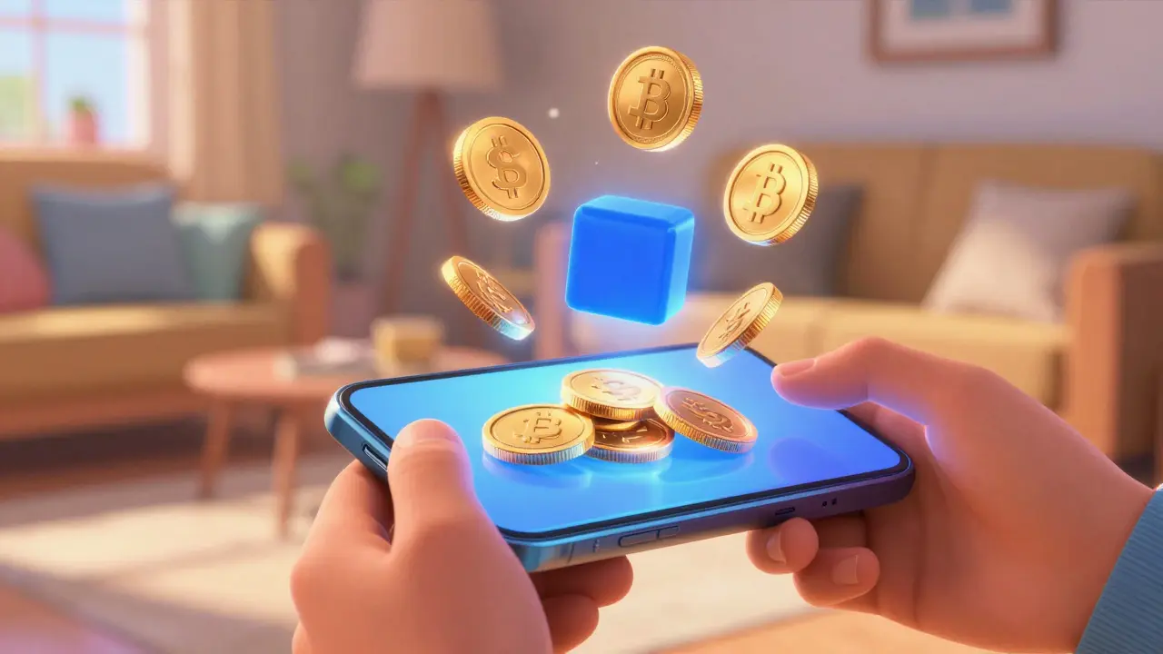 Hands holding phone with coins turning into digital blocks.